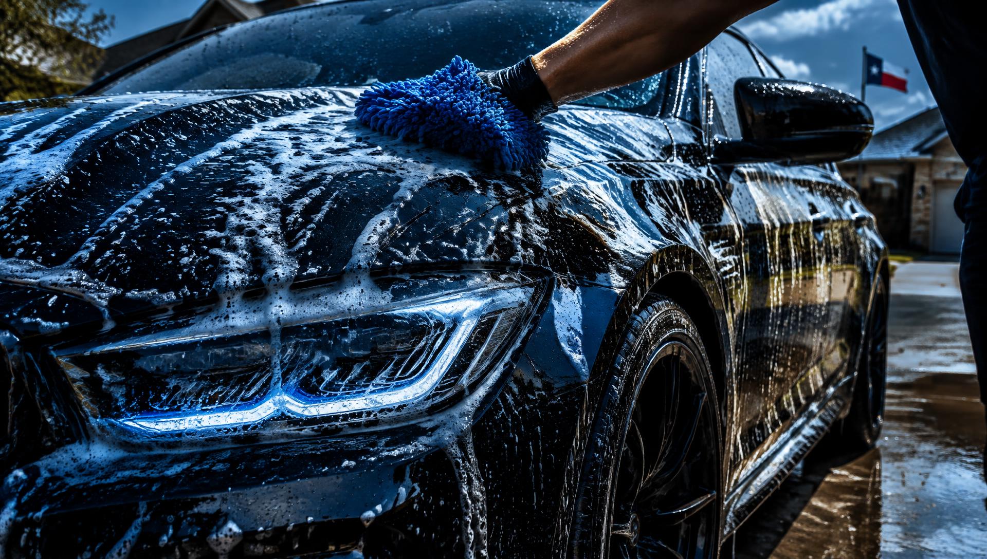 Car covered in soap being hand washed
